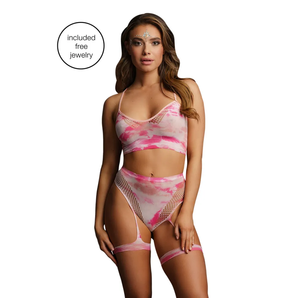 Le Désir by Shots 2-delige bh-set met jarretels en schitterende eye contact bling sticker - One Size - Multicolor