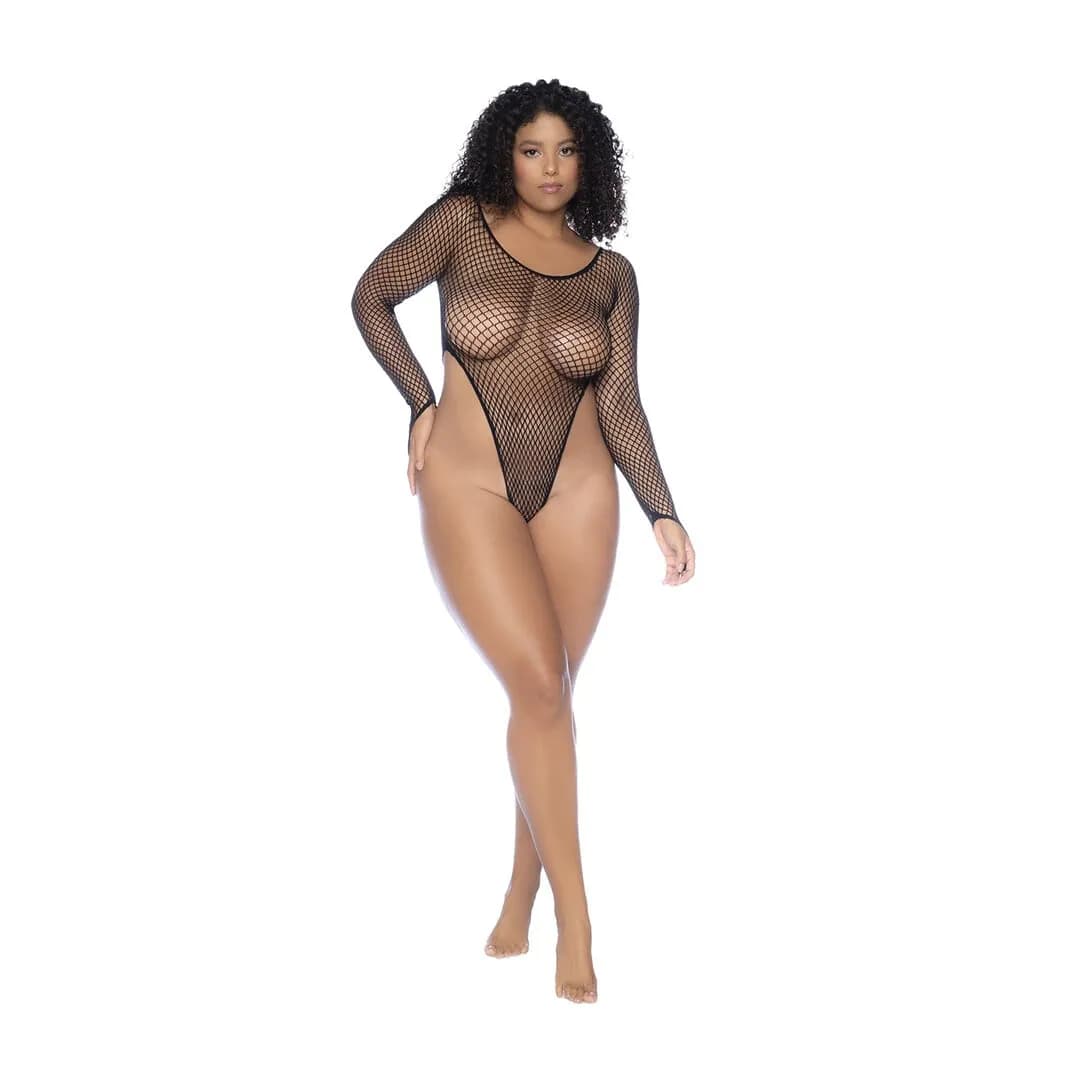 Mapalé Langdurige Mouwen Visnet Bodysuit - Koningin Maat - Zwart