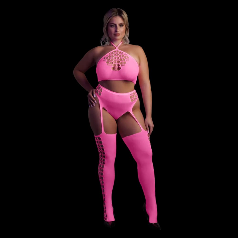 Ouch! by Shots Twee Delige Set met Crop Top en Kousen - Plus Size - Neon Roze