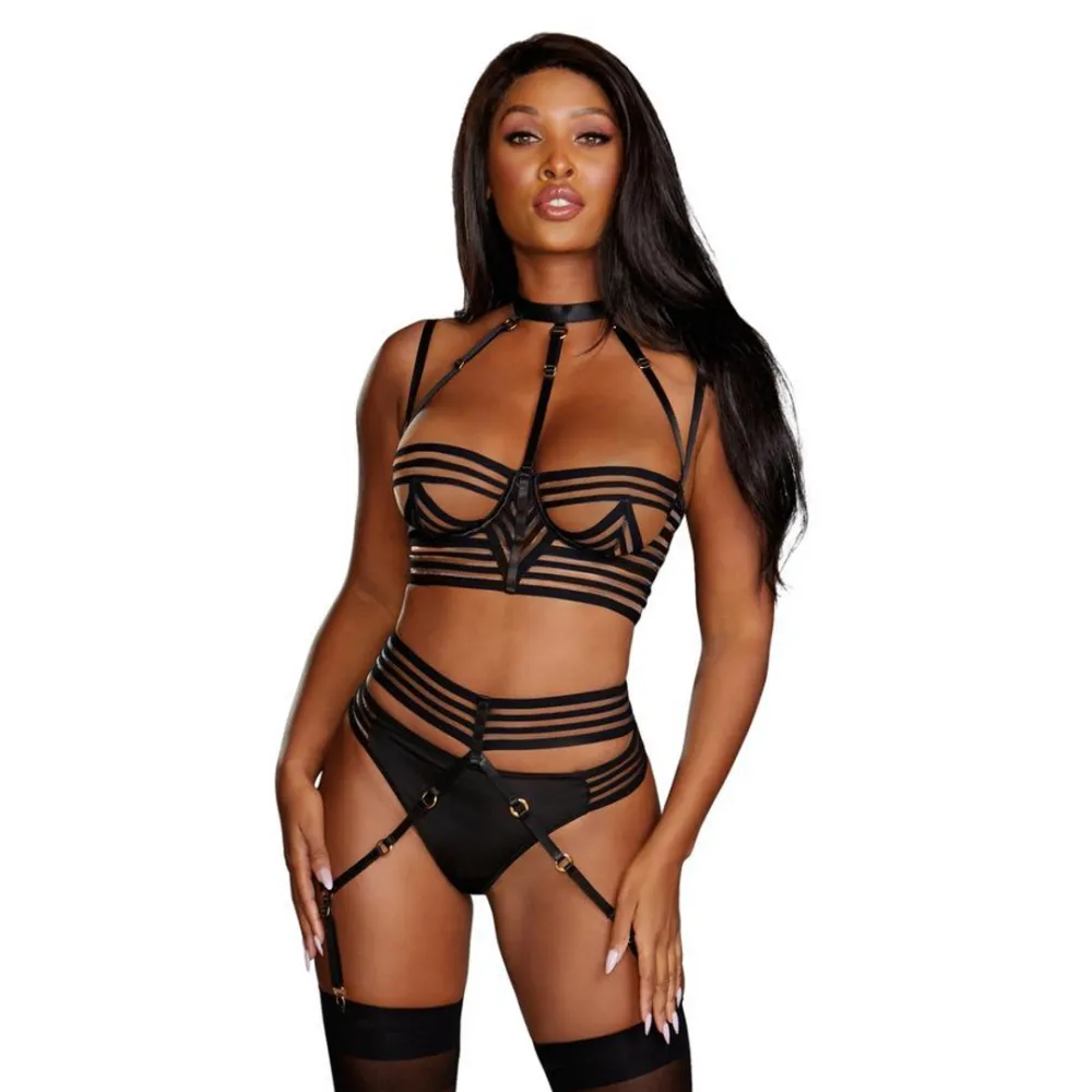 Dreamgirl Doorzichtig Gestreept Bh, Kousenband en G-String Set - L - Zwart