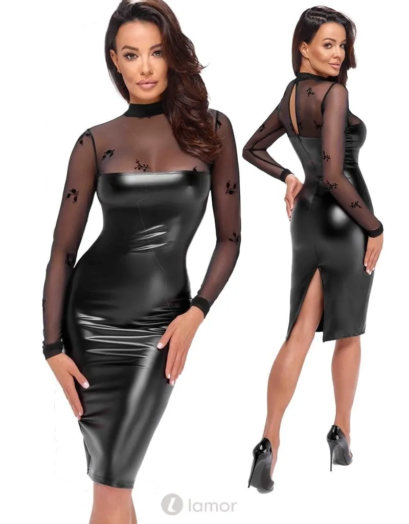 Wetlook halflange jurk met tule