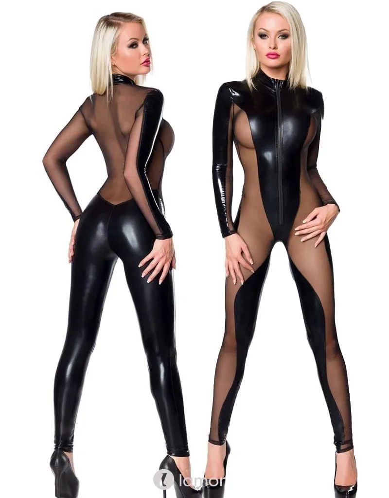 Zwart wetlook catsuit ,SA18254 (S)