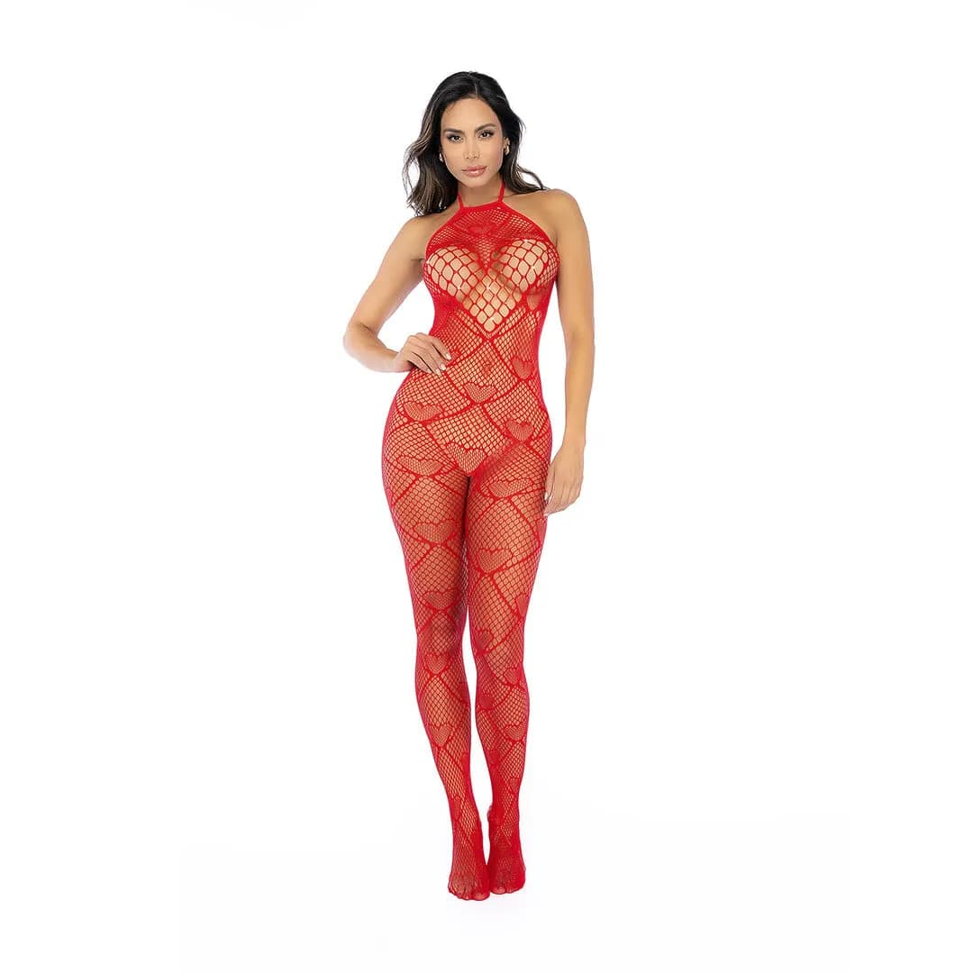 Mapalé Hart Visnet Bodystocking met Strass Detail - Één Maat - Rood