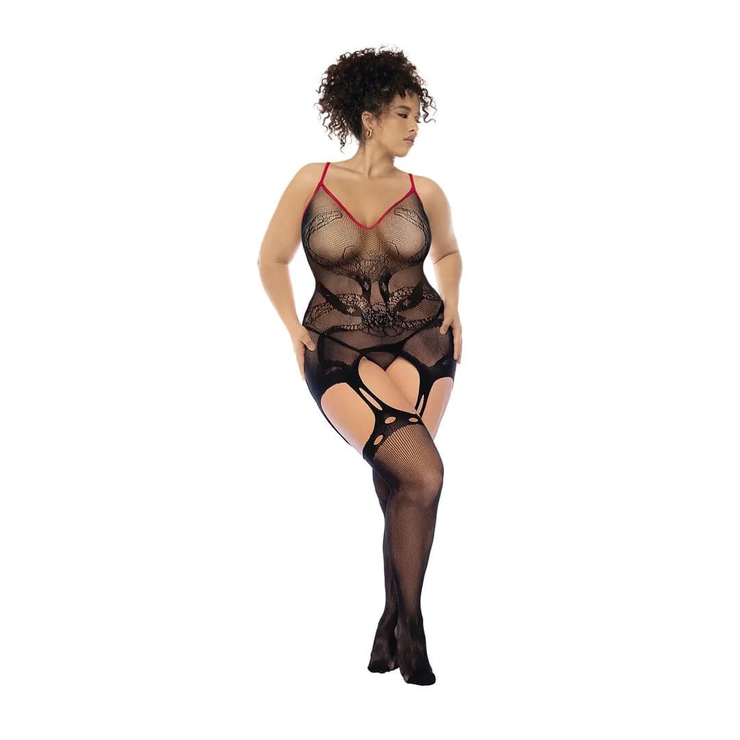 Mapalé Slangen Visnet Bodystocking - Koning Maat - Zwart/Rood