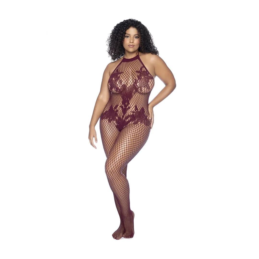 Mapalé Halter en Kralenloze Bloemen Bodystocking - Koninginneformaat - Kers