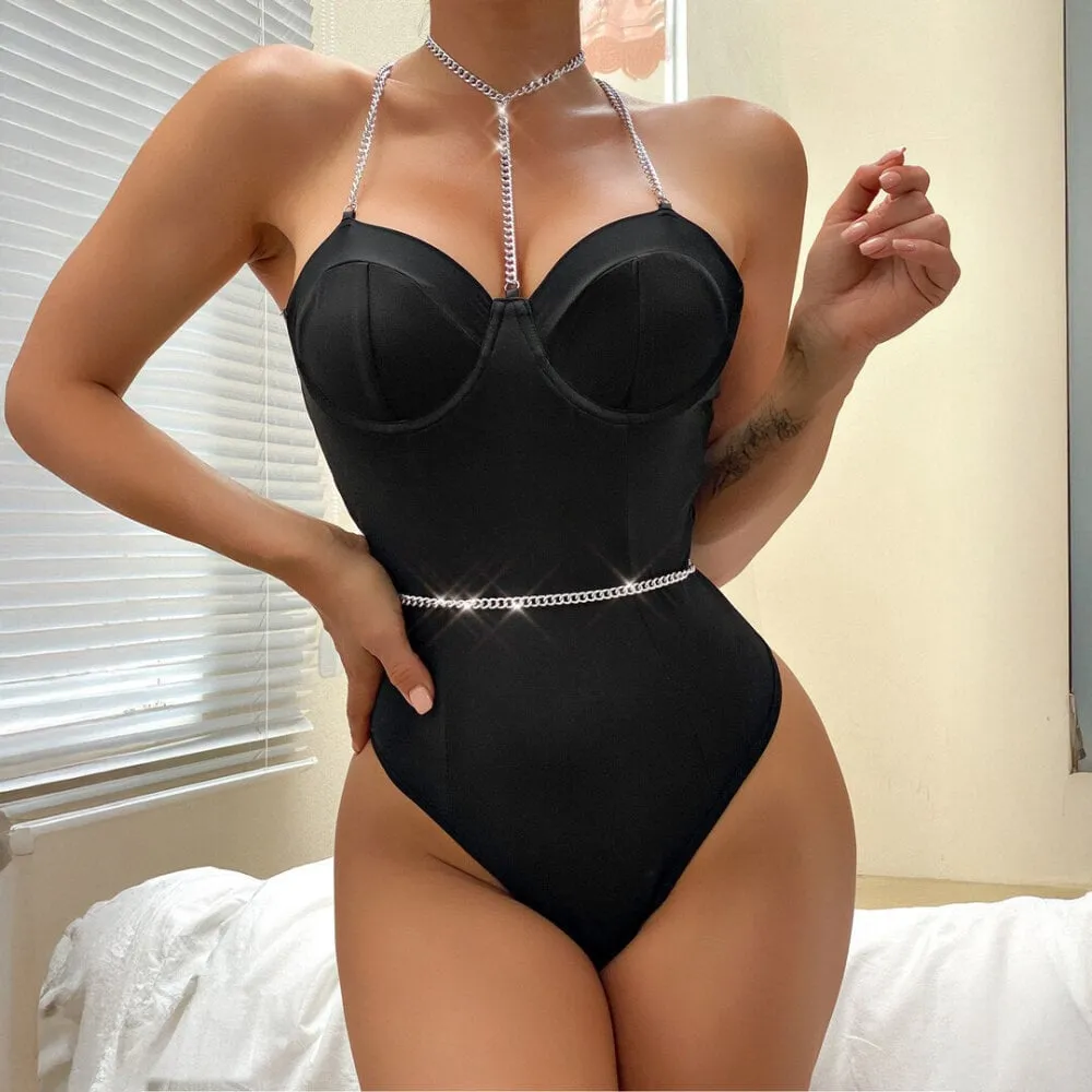 De Namour Lingerie by Shots Kettingversterkte Cross Back Bodysuit - L/XL - Zwart