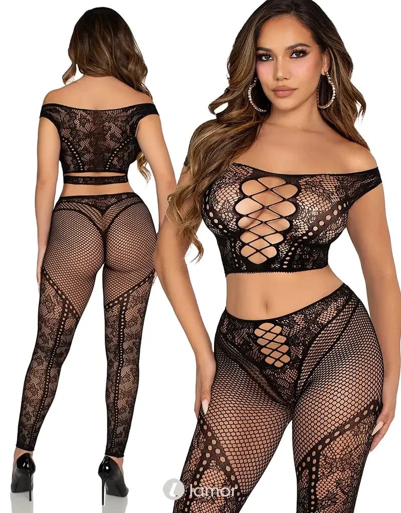 Leg Avenue Off Shoulder Crop Top & Legging Set Zwart