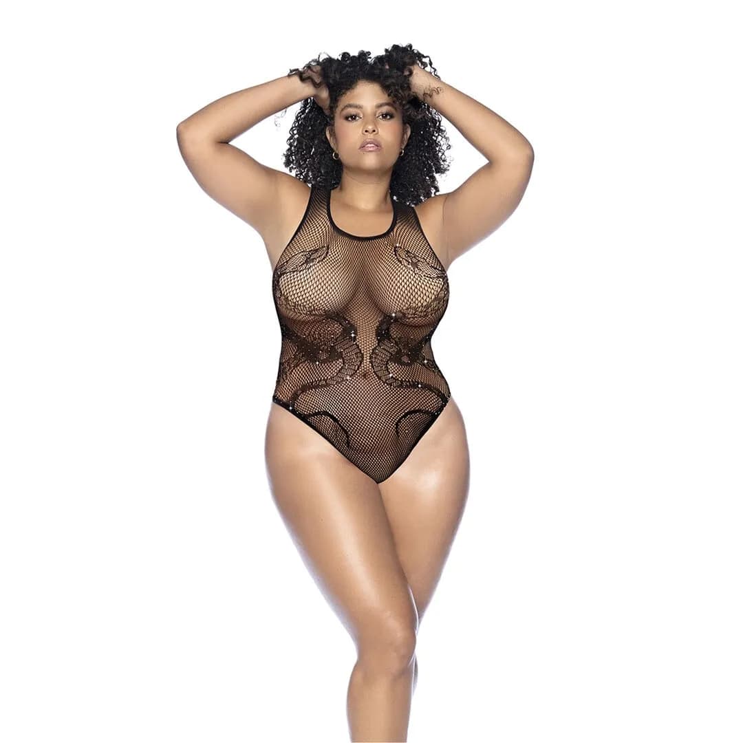 Mapalé Slangen Visnet Rhinestone Bodysuit - Koning Maat - Zwart/Rhinestone