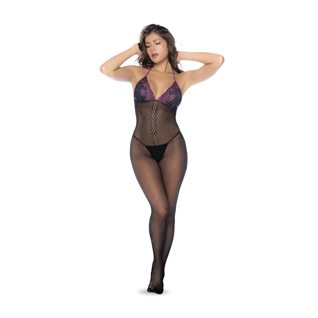 Mapalé Visnet Bodystocking Set Met Kant Zwart & Paars