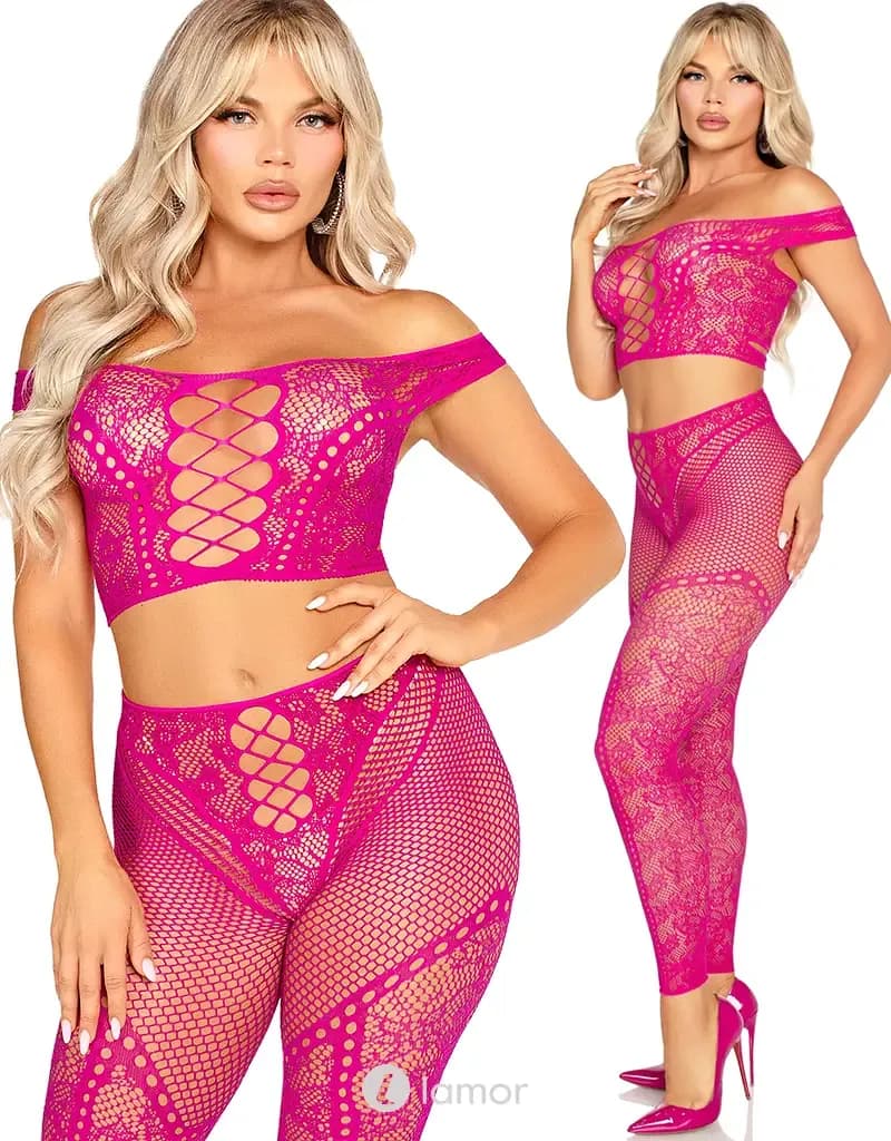 Leg Avenue Off Shoulder Crop Top & Legging Set Roze