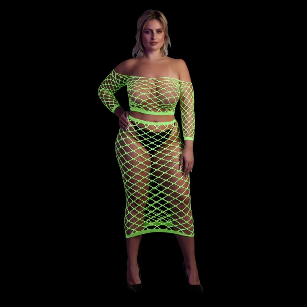 Ouch! by Shots Langermige Crop Top en Lange Rok - Plus Size - Neon Groen