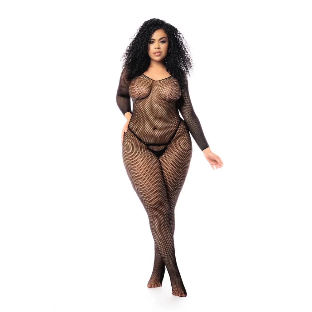 Mapalé Langarmige Visnet Bodystocking - Koning Maat - Zwart