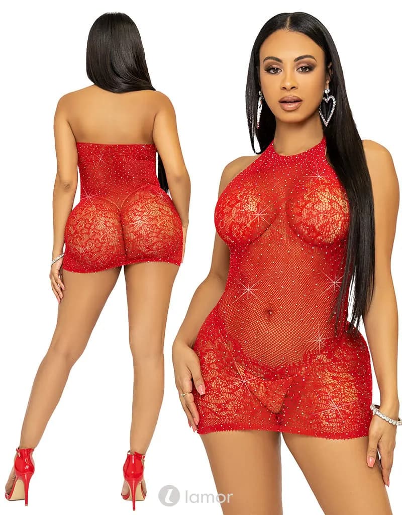 Rood halter mini-jurk bedekt met strass.