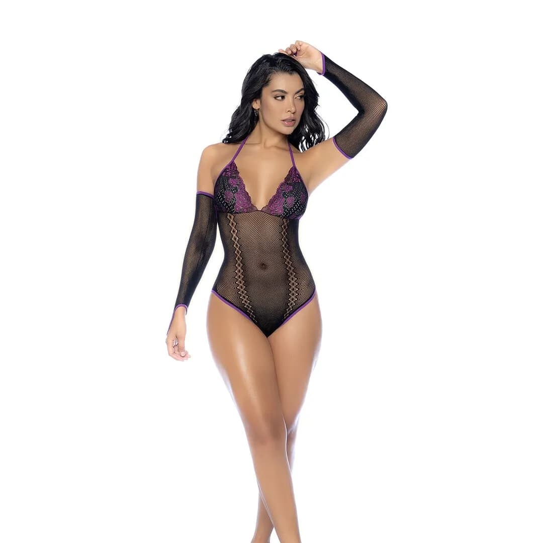 Mapalé Visnet en Kant Bodysuit Set - One Size - Zwart/Paarse