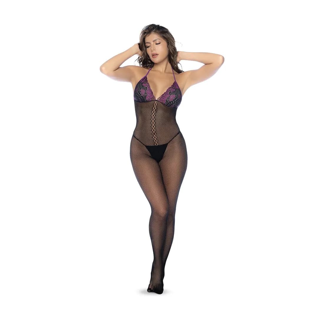 Mapalé Visnet en Kant Bodystocking Set - Één Maat - Zwart/Paarse