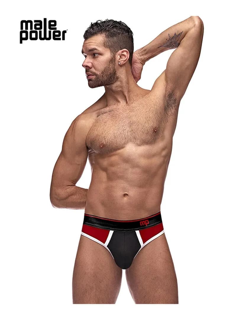 Male Power Panel Thong - S/M - Zwart/rood