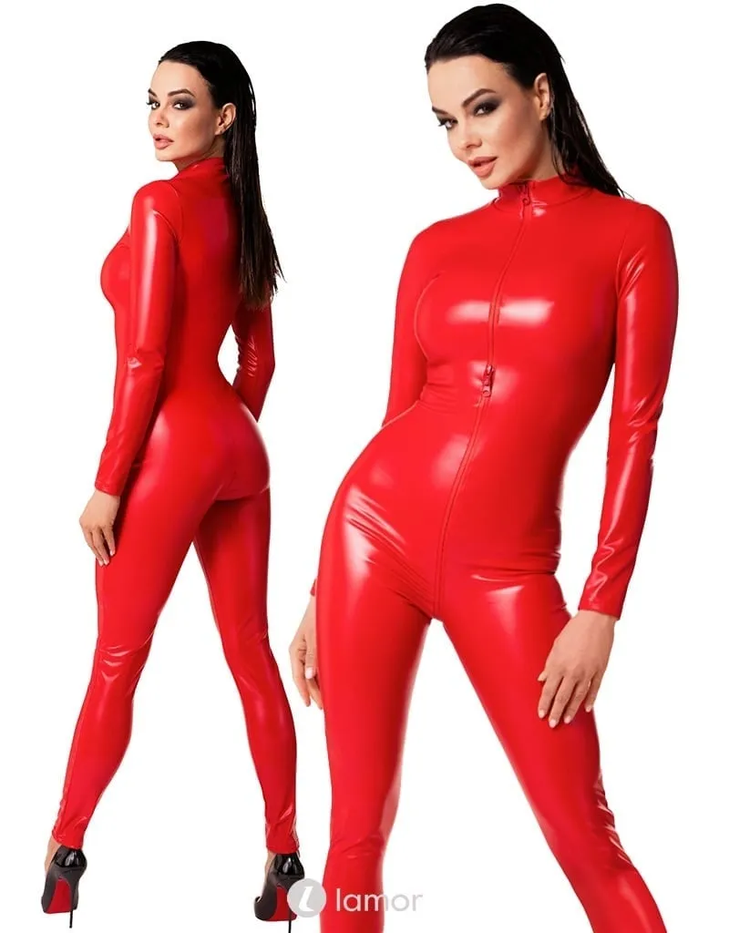 Rode wetlook catsuit